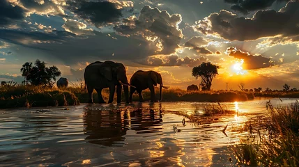 Foto op Canvas Graceful Guardians: Elephants Drinking at Twilight © Logo Artist