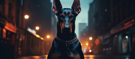 In a dark city street at night, an electric blue Doberman, reminiscent of a fictional character from an action film, sits gracefully, resembling a work of art