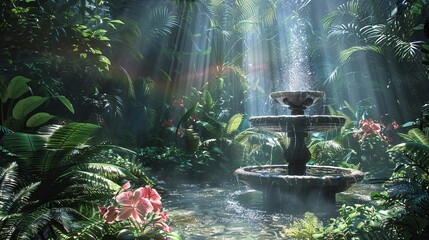 A quiet corner of a botanical garden, where a hidden fountain is surrounded by lush ferns and exotic orchids. - obrazy, fototapety, plakaty
