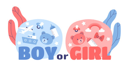 Boy or girl concept. Gender of expecting child. Blue and pink circles with toys. Birthday of toddler and baby. Cartoon flat vector illustration isolated on white background