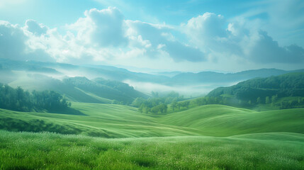 Fototapeta na wymiar Serene view of nature, rolling green meadows.