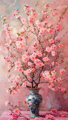Bouquet of peach blossoms, on pink background, 