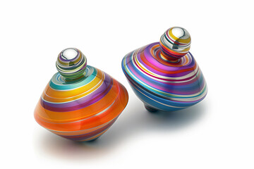Two colorful spinning tops on white background