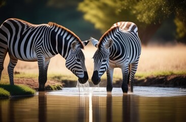 Two Zebras Drinking Water From A Puddle