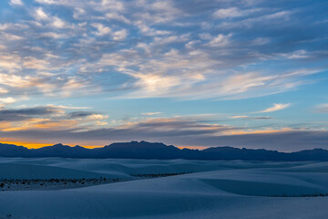 Sunset over the mountains at White Sands National Park.