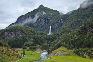 Waterfall on the river Flamselvi at Flam in Norway, Europe
