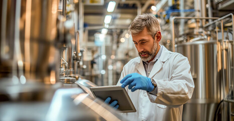 Food Quality Supervisor Analyzing Data on Tablet in Brewery
