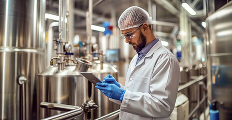 Food Technologist Inspecting Production in a Stainless Steel Facility
