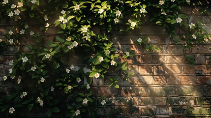 Gentle ivy tendrils weave across a rustic brick wall, punctuated by the soft bloom of white jasmine flowers.  - obrazy, fototapety, plakaty