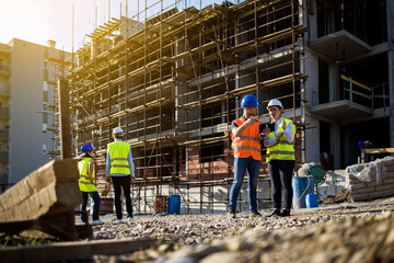 Four construction workers having meeting. - obrazy, fototapety, plakaty