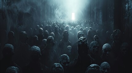 Ultra-Wide Background of a Dark Room Full of Zombies - obrazy, fototapety, plakaty