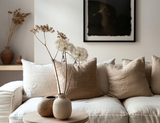 A living room featuring a cream sofa with beige and brown pillows, white walls, and soft lighting