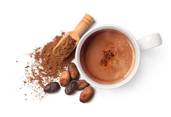 Fotobehang Chocolade Cocoa drink with cocoa powder and beans isolated on white background.  © Paitoon