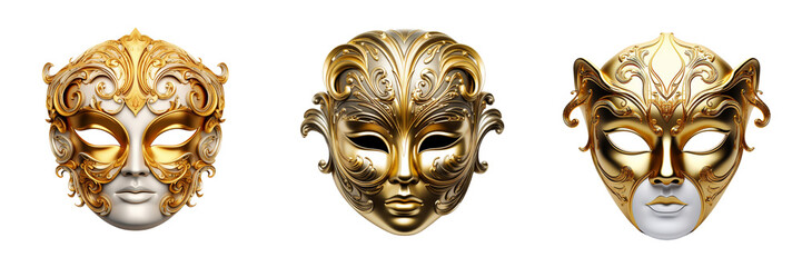 \ - A set of  Elegant representation of a golden opera mask  isolated on a transparent background