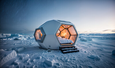 small, dome-shaped sleep tent is set up on a snowy surface. The tent has a ladder leading down from the entrance. - 770835961