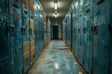 Abandoned school locker corridor with scattered papers and graffiti