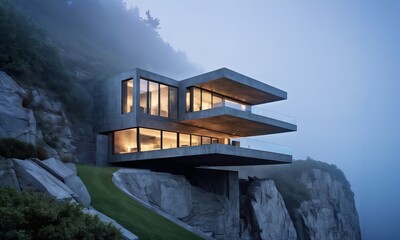 square box-like structure is perched on top of a sheer cliff, overlooking a large waterfall. The surrounding area is covered in fog, creating an otherworldly atmosphere. - 770836359