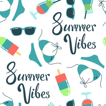 Vector summer seamless pattern with swimsuit, sunglasses, ice cream, cocktail and lettering