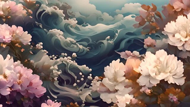Painting of Flowers and Waves on Wall Generative AI