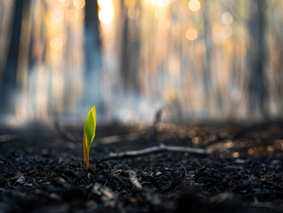 Young shoot rising from the ashes in a forest after a fire