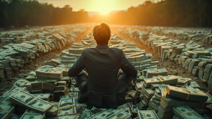A billionaire sits atop a vast mound of banknotes, exuding wealth, prosperity, and undeniable allure. - obrazy, fototapety, plakaty
