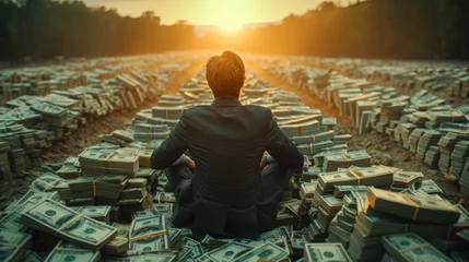 Foto op Canvas A billionaire sits atop a vast mound of banknotes, exuding wealth, prosperity, and undeniable allure. © tong2530