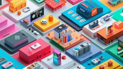 Fototapeta premium Collage of shopping platforms, showcasing payment options, customer service scenarios, and diverse product selections, in a vibrant and engaging layout