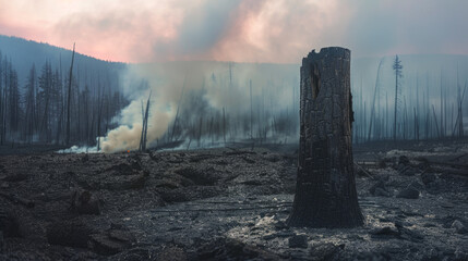 Twilight haze over scorched earth and remnants of forest fire