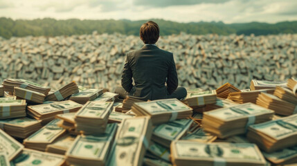 A billionaire sits atop a vast mound of banknotes, exuding wealth, prosperity, and undeniable allure. - obrazy, fototapety, plakaty