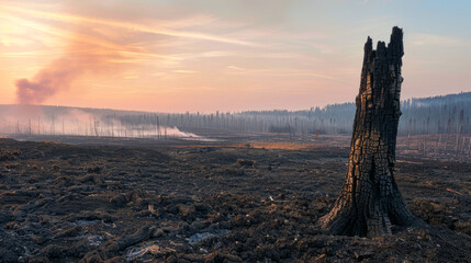Sunrise over a burnt forest with charred trees and lingering smoke