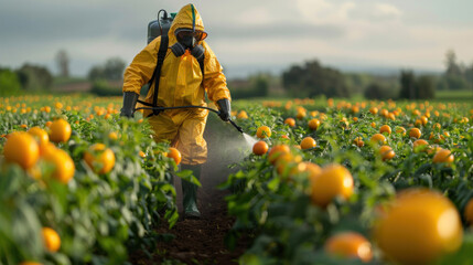 A farmer in protective gear sprays crops with a pesticide applicator during pesticide and fertilizer application.