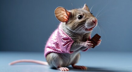 Portrait of a gray mouse in pink clothes on a blue background - obrazy, fototapety, plakaty