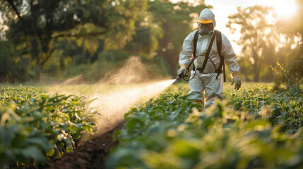 A farmer in protective gear sprays crops with a pesticide applicator during pesticide and fertilizer application. - obrazy, fototapety, plakaty