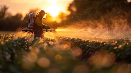 A farmer in protective gear sprays crops with a pesticide applicator during pesticide and fertilizer application. - obrazy, fototapety, plakaty