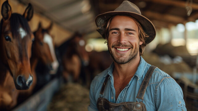 A horse farmer stands in a clean stable, smiling happily at his work, surrounded by horses in the background.