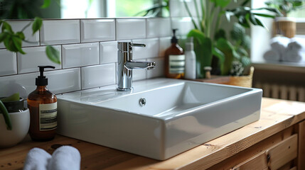 A sleek chrome faucet adorns a white rectangular sink resting atop a wooden countertop, exuding modern elegance in the bathroom.
