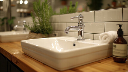 A sleek chrome faucet adorns a white rectangular sink resting atop a wooden countertop, exuding modern elegance in the bathroom.