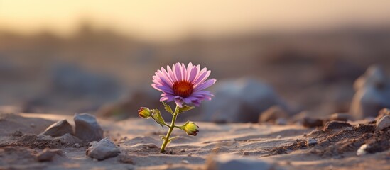 A small purple flower, a terrestrial plant, defying the harsh desert landscape by growing out of the sand. Its delicate petals stand out among the arid surroundings, a true work of art in nature