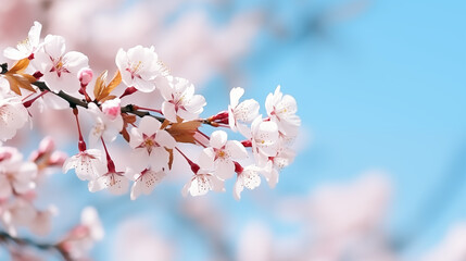 Delicate pink cherry blossoms bloom on branches, announcing the arrival of spring