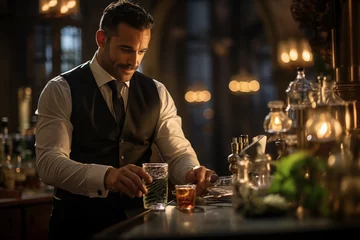 Fotobehang charismatic charm of a seasoned bartender, framed by the gleaming counter of a dimly lit speakeasy © The Origin 33