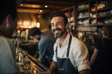 charismatic charm of a seasoned bartender, framed by the gleaming counter of a dimly lit speakeasy