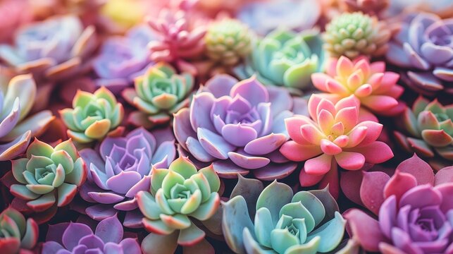 Vibrant succulent plants close up texture, top view macro photography for background