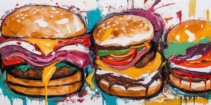 Hamburgers painted with oil paints on a wooden board.