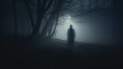 A mysterious shadow standing deep in the forest amidst very thick fog. - obrazy, fototapety, plakaty