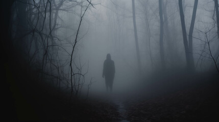 A mysterious shadow standing deep in the forest amidst very thick fog. - obrazy, fototapety, plakaty