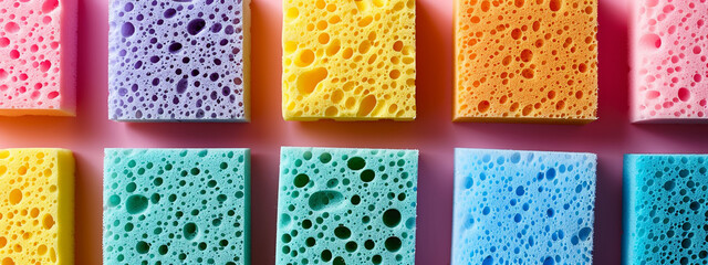 set of colorful sponges for washing dishes and cleaning - obrazy, fototapety, plakaty