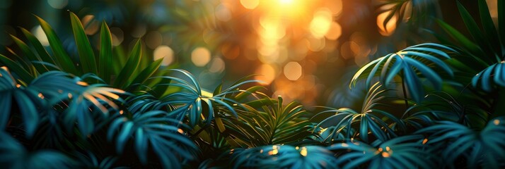 Obraz na płótnie Canvas Sun Over Green Palm Leaves, Background HD, Illustrations