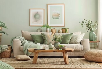 A living room with an oversized, beige sofa and green pillows