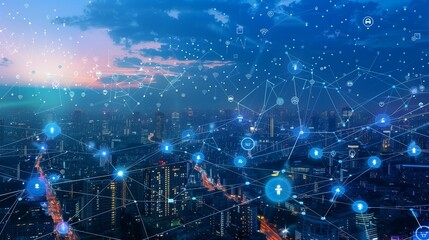 Futuristic Cityscape Merging with Advanced Network Concept: A Panoramic View of a Metropolitan Skyline Interlaced with Digital Connectivity Icons.