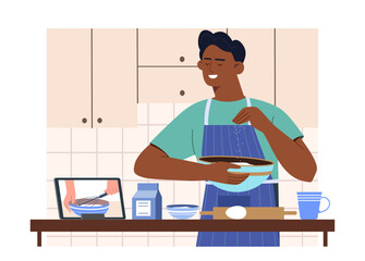 Cooking tutorial concept. Man with flour products and plates. Homemade pastry and bakery. Eggs with rolling pin. Digital courses. Cartoon flat vector illustration isolated on white background